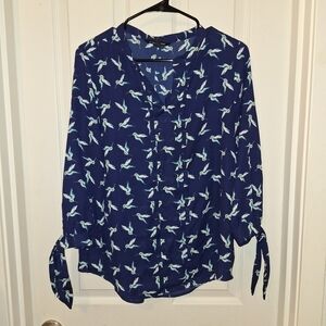 Blue Sheer Hummingbird Blouse Top Medium